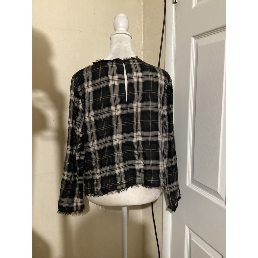 Drew Black White Plaid Tencel Frayed Edge Long Sleeve Blouse Top Small Keyhole - Picture 3 of 6